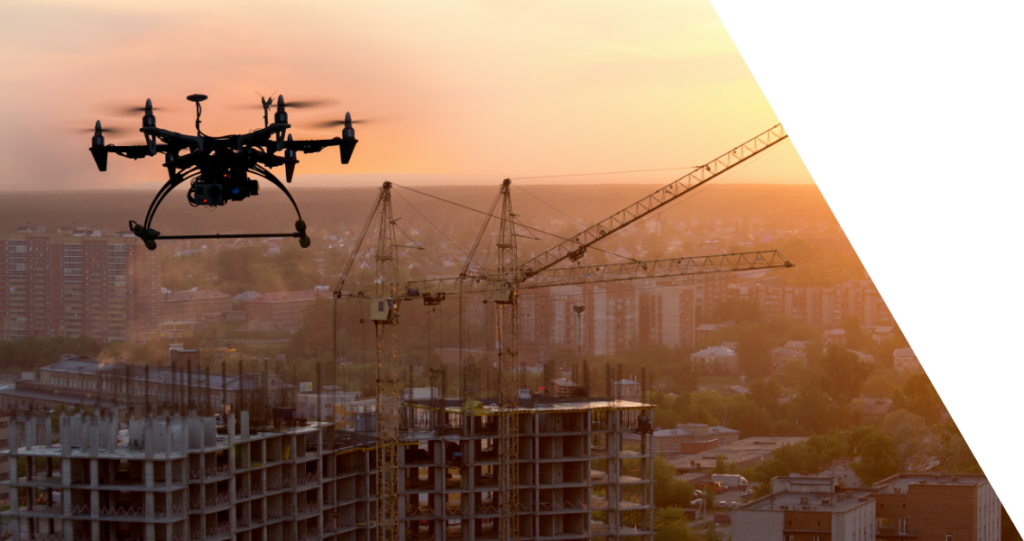 Drone flying over a city construction project to capture advanced imagery